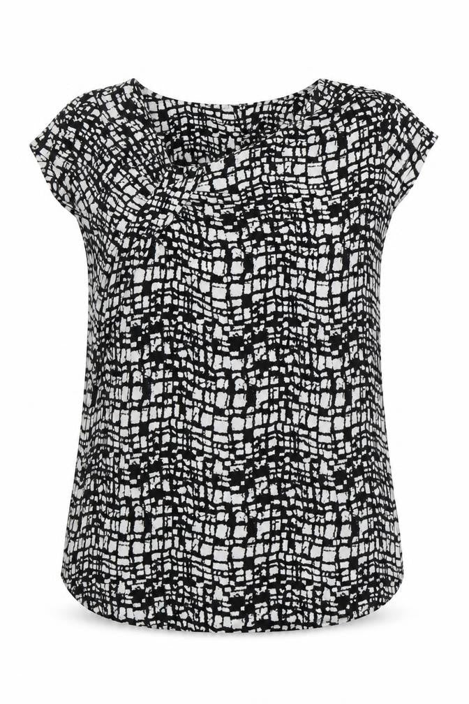 Front view of Next women’s multicoloured geometric viscose basic t-shirt, size UK 10, round neck