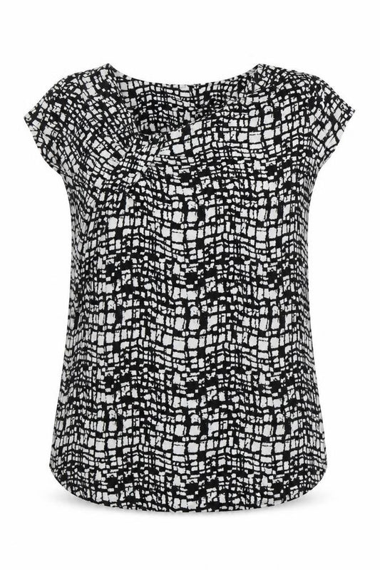 Front view of Next women’s multicoloured geometric viscose basic t-shirt, size UK 10, round neck