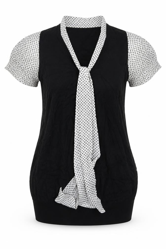 Front view of Mams & papas women’s black polka dot viscose bodycon, size UK 10, collared pullover