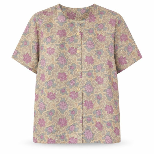 Front view of billian women’s purple floral polyester basic button-up, size UK 16, crew neck
