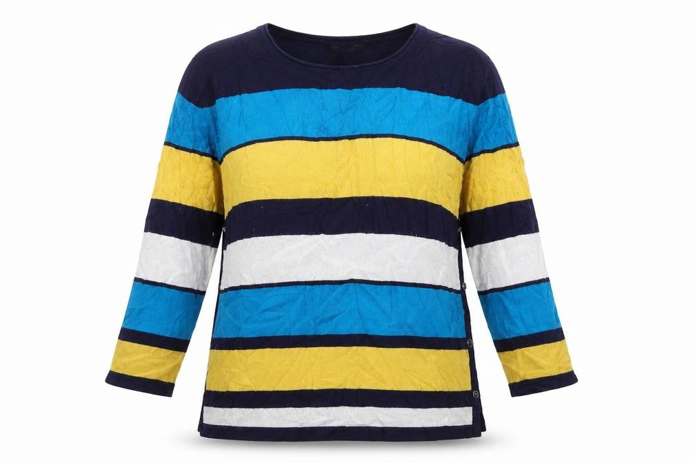 Front view of JUST ELEGANCE women’s multicoloured crew neck striped viscose jumper, size L