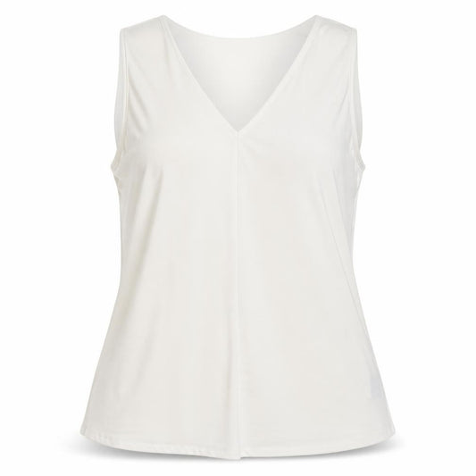 Front view of mixolo women’s white polyester basic tank, size M, v-neck