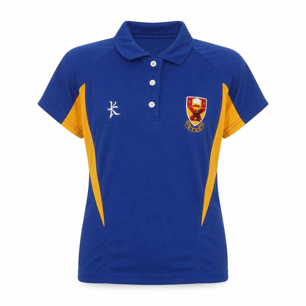 Front view of Kukri women’s blue colourblock polyester jersey polo, size S, collared - cjhs