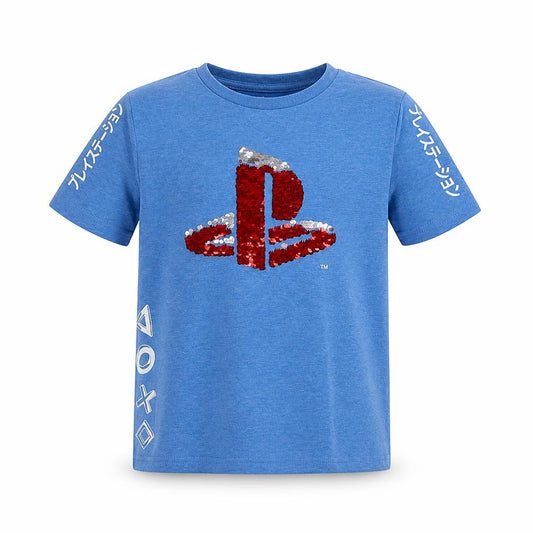 Front view of PlayStation girls’ blue polyester basic polo, size 7-8, years crew neck