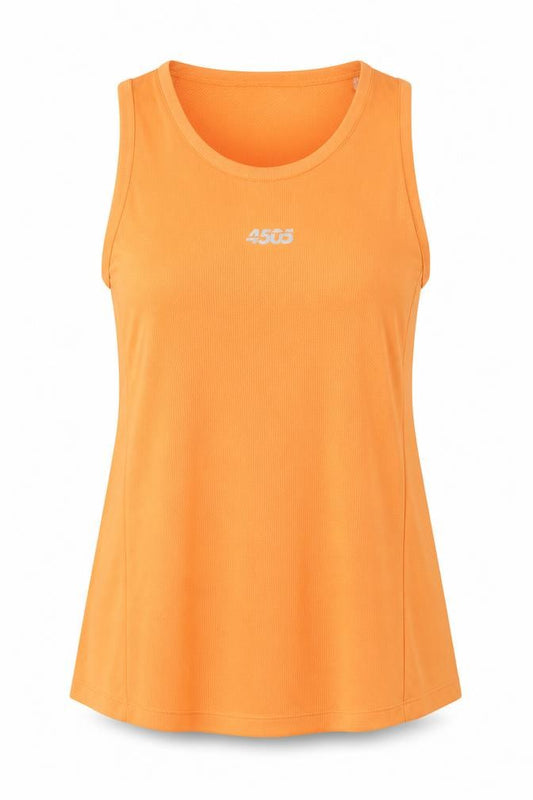 Front view of ASOS women’s orange polyester basic tank, size UK 10, round neck