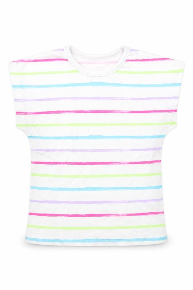 Front view of Dunnes girls’ multicoloured striped cotton basic t-shirt, size 2-3, years crew neck pullover