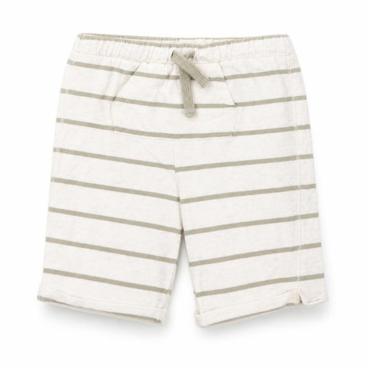 Front view of F&F boys’ beige striped cotton cropped trousers, size 18-24, months drawstring - shorts