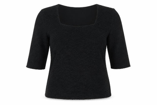Front view of Alex & Co women’s black acetate basic t-shirt, size UK 12, square neck