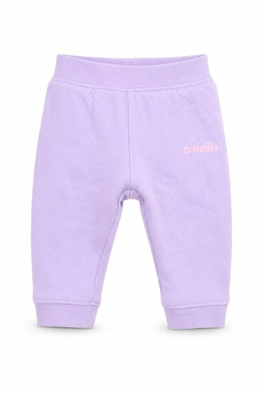 Front view of O'Neill girls’ purple cotton jogger trousers, size 6-9, months