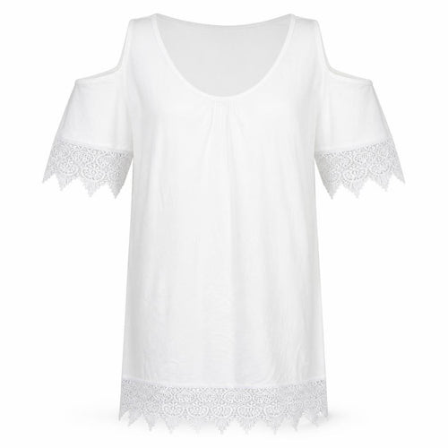 bpc Womens White  Viscose Tunic T-Shirt Size M Crew Neck - Lace Sleeve and Hem Detail, Cold Shoulder