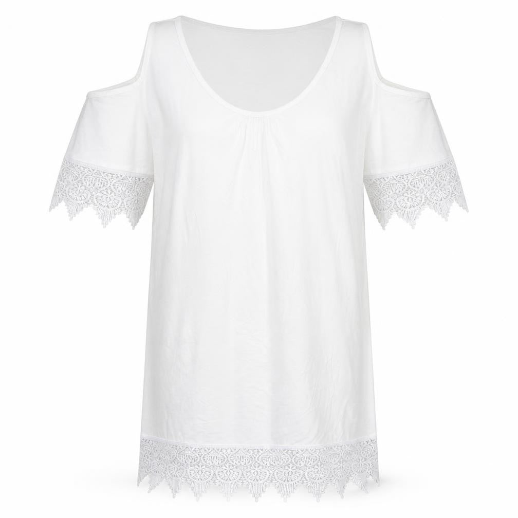 bpc Womens White  Viscose Tunic T-Shirt Size M Crew Neck - Lace Sleeve and Hem Detail, Cold Shoulder