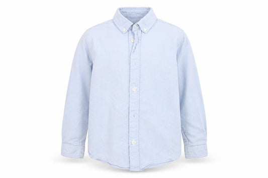 Front view of Primark boys’ blue cotton basic button-up, size 5-6, years collared button