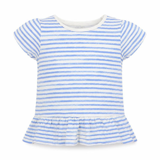Front view of George girls’ blue striped cotton basic t-shirt, size 5-6, years crew neck - peplum