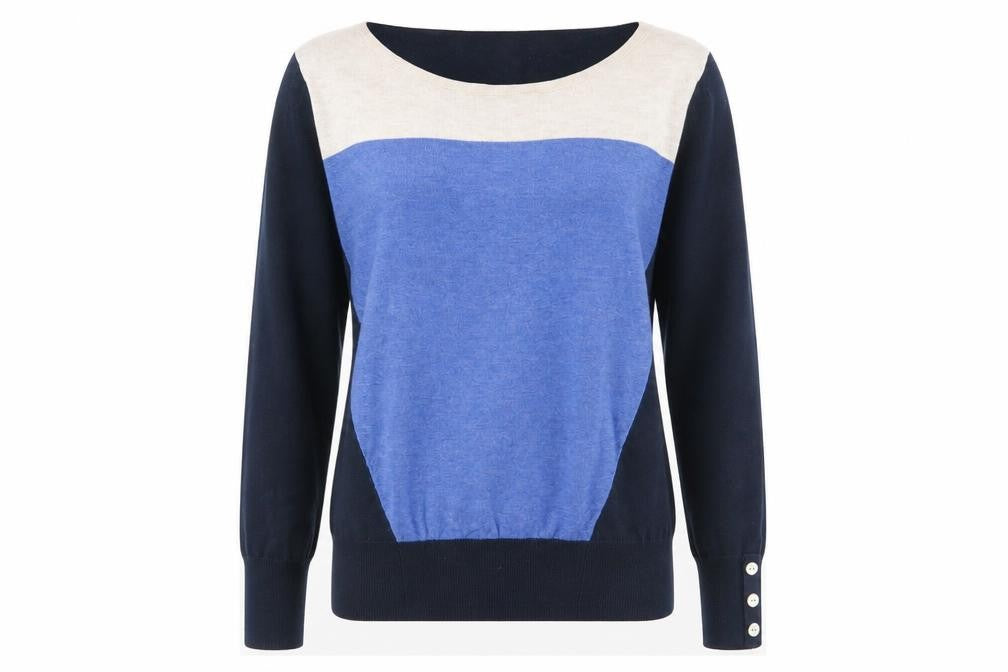 Front view of Next women’s multicoloured round neck cotton jumper, size UK 6