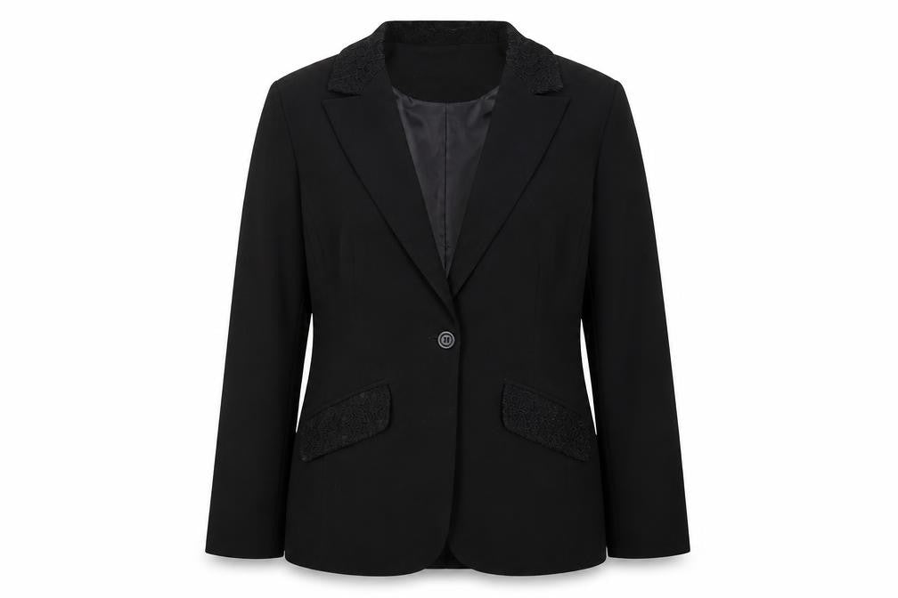 Front view of AMARANTO women’s black polyester jacket suit jacket, size UK 14, - lace collar and pocket flaps