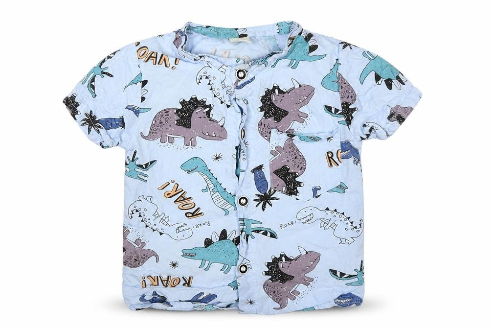 Front view of SHEIN boys’ blue geometric cotton basic button-up, size 12-18, months crew neck button - roar