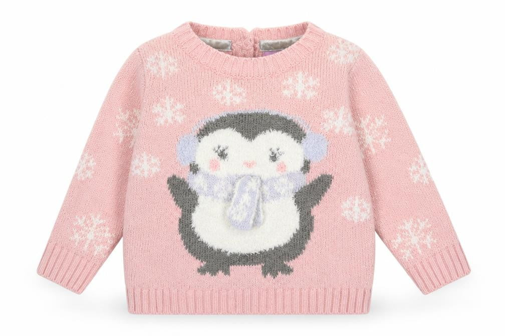 F&F Girls Pink Geometric Acrylic Pullover Jumper Size 3-6 Months  Button - Penguin