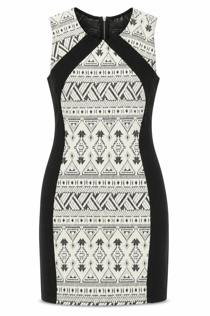 Front view of H&M women’s white geometric cotton bodycon, size UK 12, crew neck zip