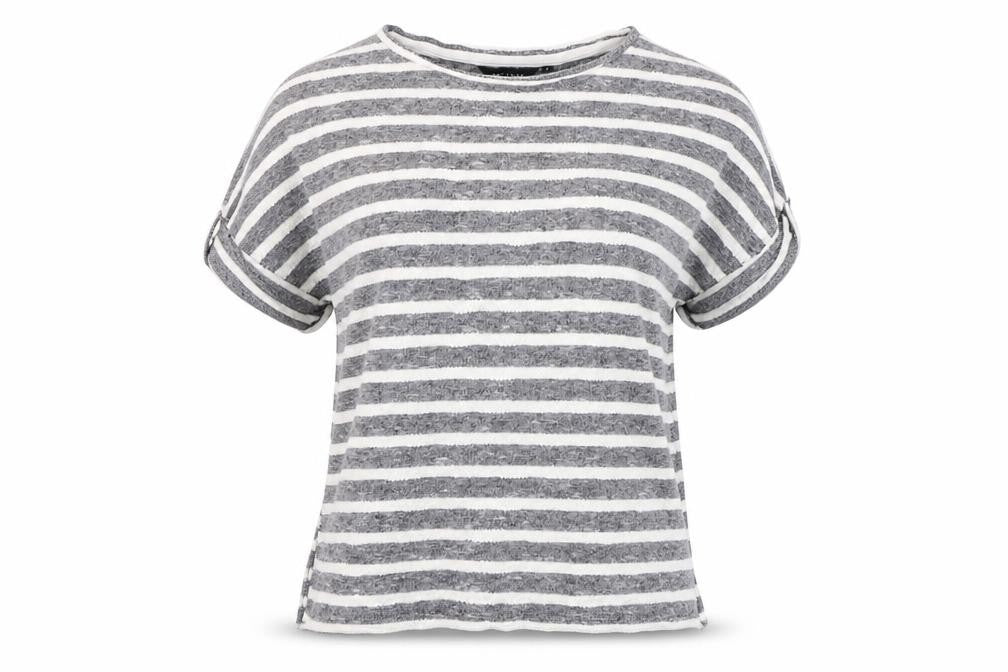 Front view of New Look women’s multicoloured round neck striped cotton jumper, size UK 8