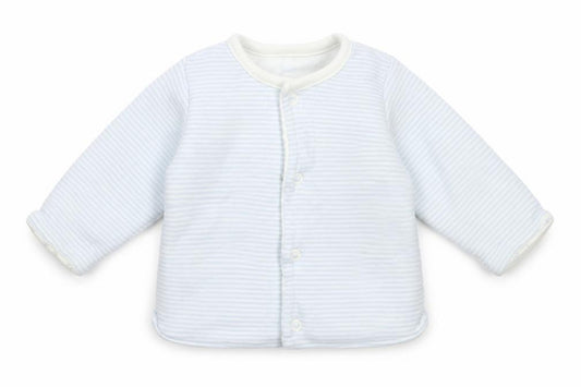 Front view of Marks & Spencer boys’ blue striped cotton cardigan jumper, size 0-3, months