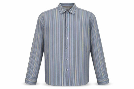 Front view of Marks & Spencer men’s blue striped polyester button-up, size L, collared button