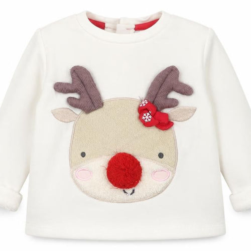 F&F Girls White  Polyester Basic T-Shirt Size 3-6 Months Crew Neck Button - Christmas Reindeer