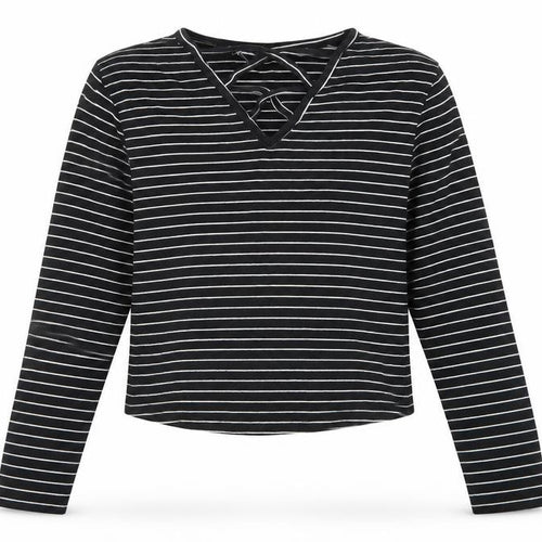 915 Generation Girls Black Striped Cotton Cropped T-Shirt Size 12-13 Years V-Neck