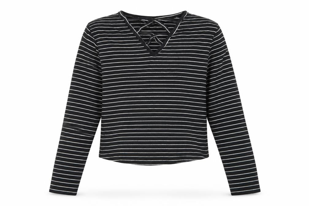 915 Generation Girls Black Striped Cotton Cropped T-Shirt Size 12-13 Years V-Neck
