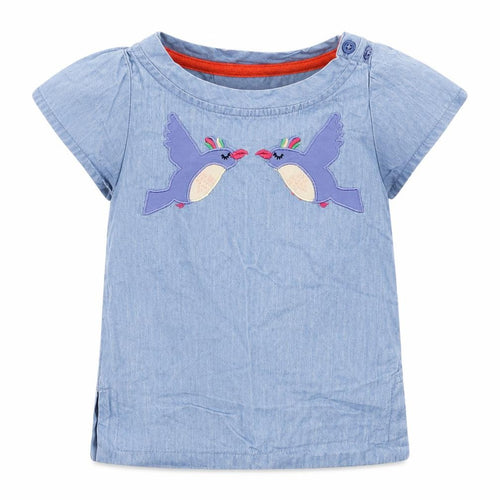 Tootsa Girls Blue  Cotton Basic T-Shirt Size 0-3 Months Crew Neck Pullover - Birds