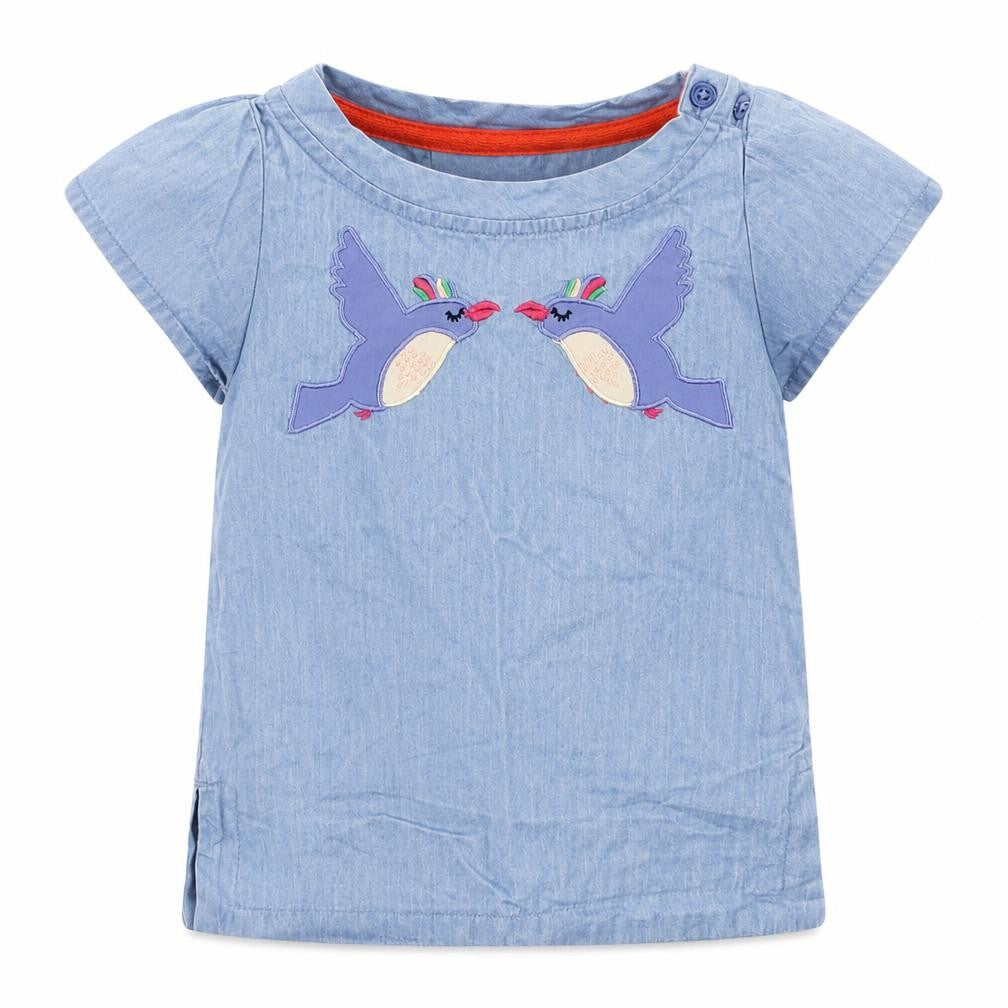 Tootsa Girls Blue  Cotton Basic T-Shirt Size 0-3 Months Crew Neck Pullover - Birds