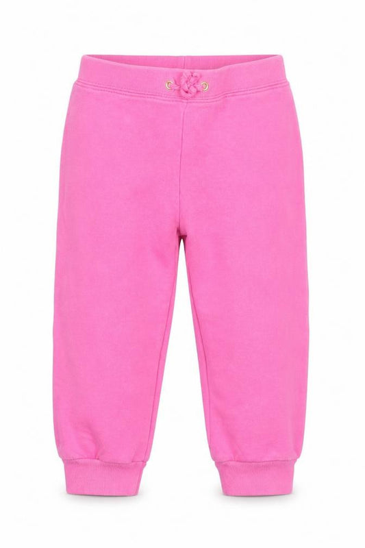 Front view of Juicy Couture girls’ pink cotton sweatpants, size 18-24, months drawstring