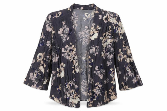 Front view of F&F women’s blue v-neck floral viscose cardigan jumper, size UK 10, - open front