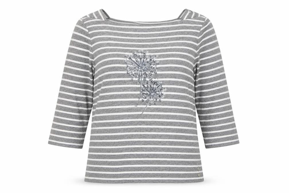Front view of Olsen women’s grey round neck striped polyester jumper, size UK 12, - dandelion