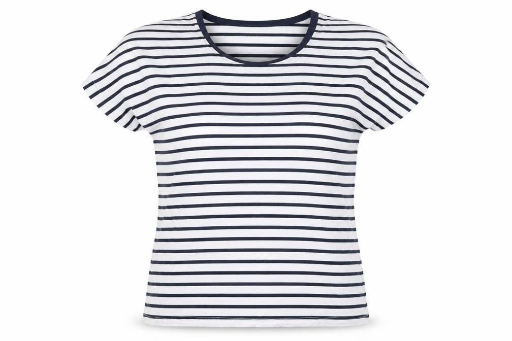 Front view of Oxxyzen women’s white striped polyester basic t-shirt, size M, round neck