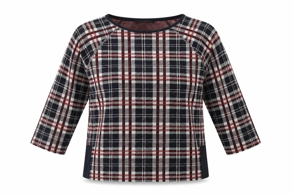 Betty Barclay Womens Blue Plaid Cotton Basic Blouse Size 12 Round Neck