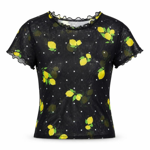 Primark Womens Black Geometric Polyester Cropped T-Shirt Size 4 Crew Neck - Lemon print