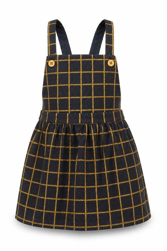 Front view of George girls’ black check acrylic pinafore/dungaree dress, size 2, years square neck button