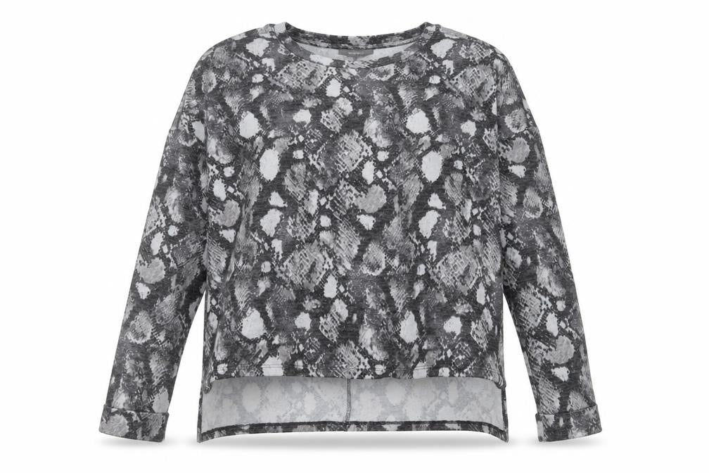 Front view of Primark women’s grey crew neck animal print polyester jumper, size M