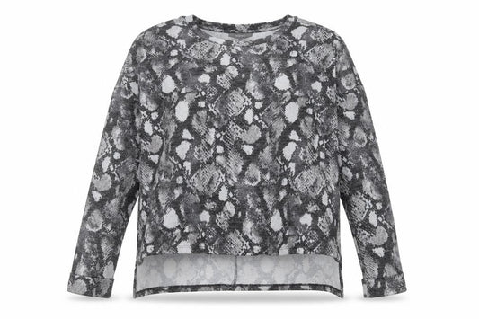 Front view of Primark women’s grey crew neck animal print polyester jumper, size M