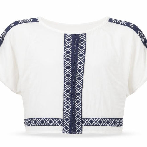 VILA Womens White Geometric Viscose Cropped T-Shirt Size M Crew Neck