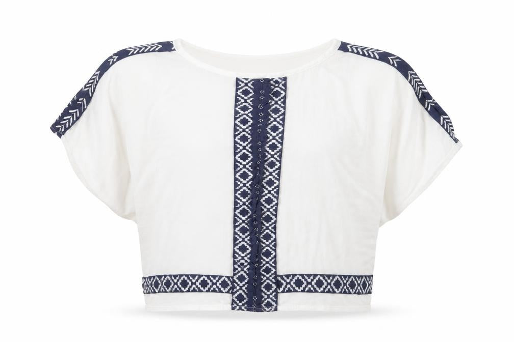 VILA Womens White Geometric Viscose Cropped T-Shirt Size M Crew Neck