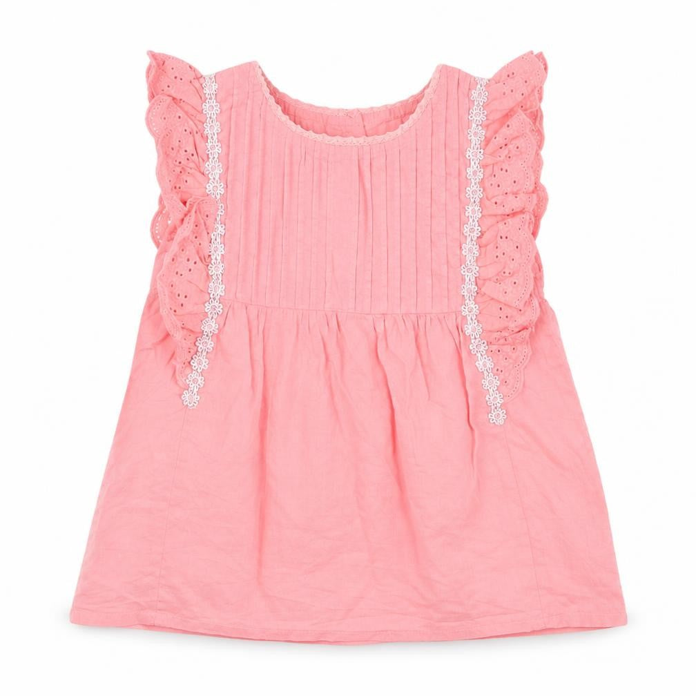 Front view of Matalan girls’ pink 100% cotton basic blouse, size 2-3, years round neck button