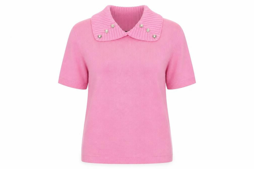 Front view of Ellie Louise women’s pink collared acrylic jumper, size M