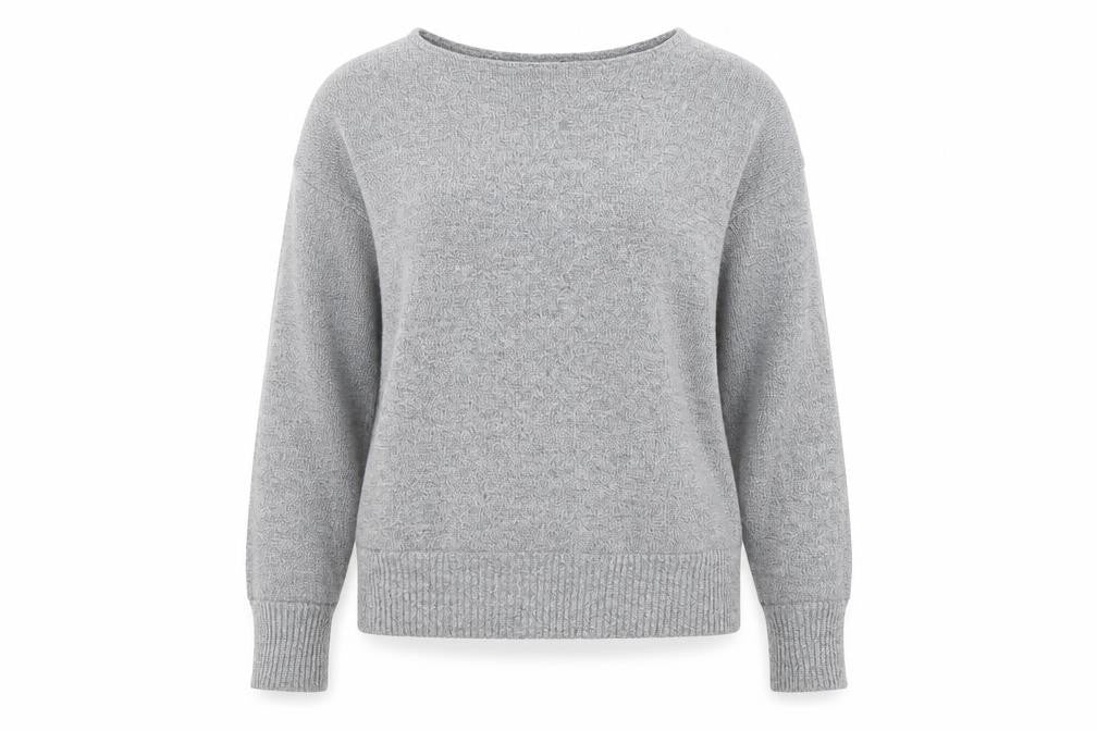 Front view of RMB women’s grey acrylic pullover sweatshirt, size S, pullover