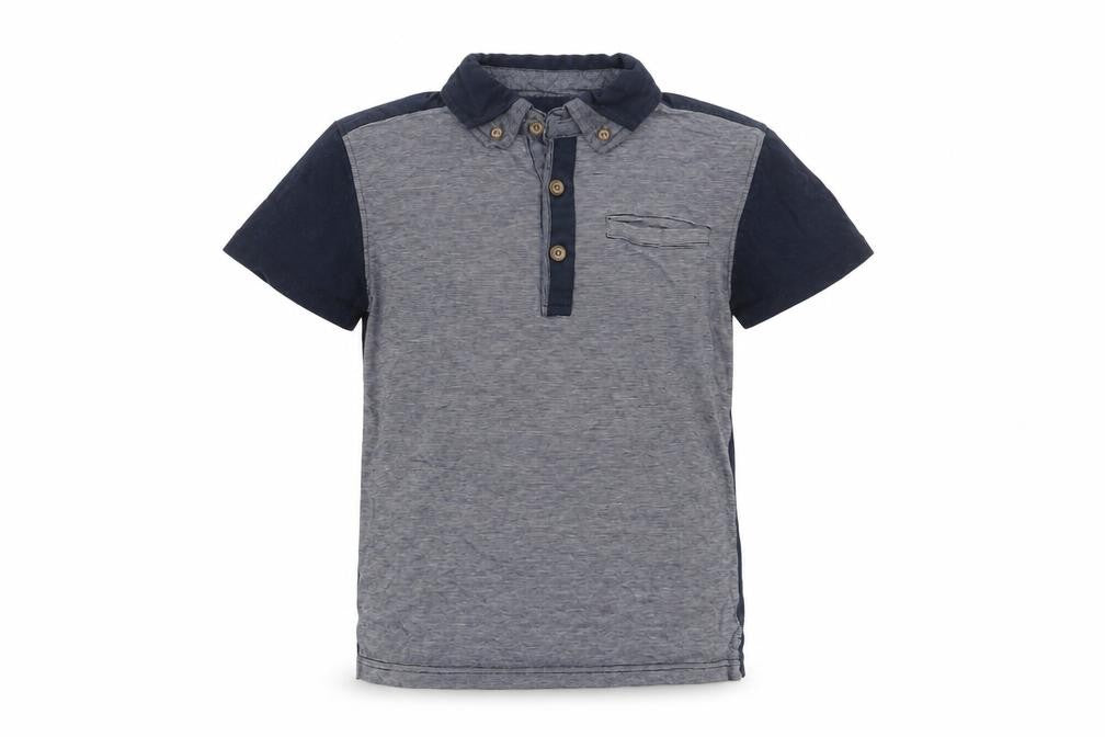 Front view of Mothercare boys’ blue colourblock cotton basic polo, size 7-8, years collared button
