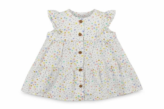 Front view of Marks & Spencer Baby White Floral Cotton A-Line, size 3-6, Months Crew Neck Button
