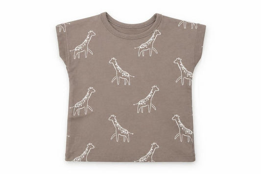Front view of George Baby Beige Geometric Cotton Basic T-Shirt, size 3-6, Months Crew Neck - Giraffe Print