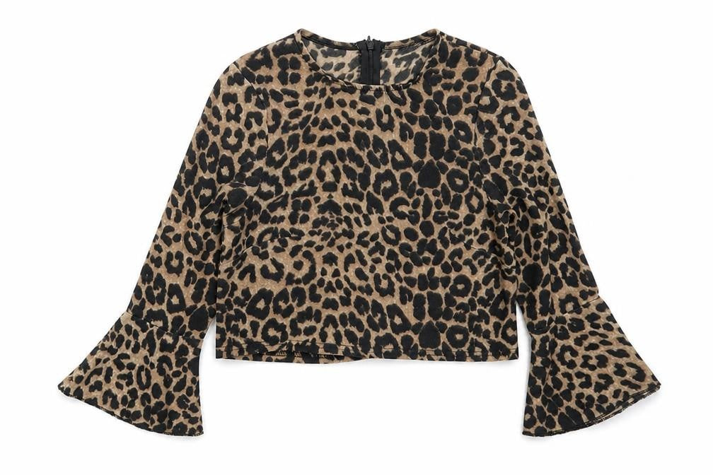 Front view of PRETTYLITTLETHING women’s brown animal print polyester basic blouse, size UK 4, round neck