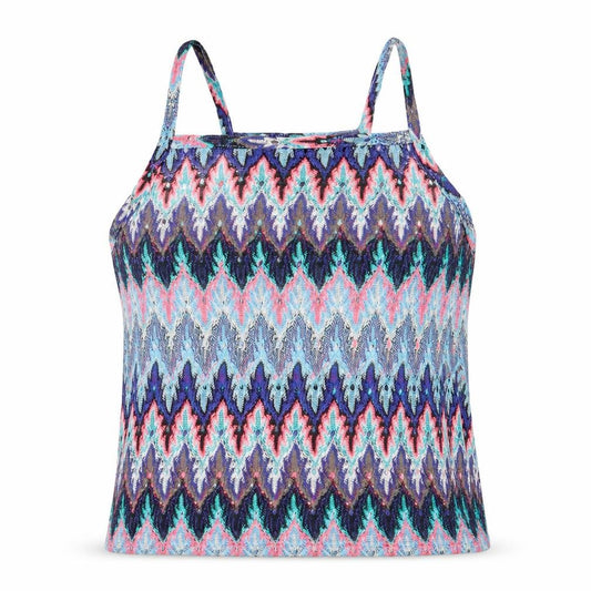 Front view of Atmosphere women’s blue geometric polyester basic tank, size UK 10, square neck