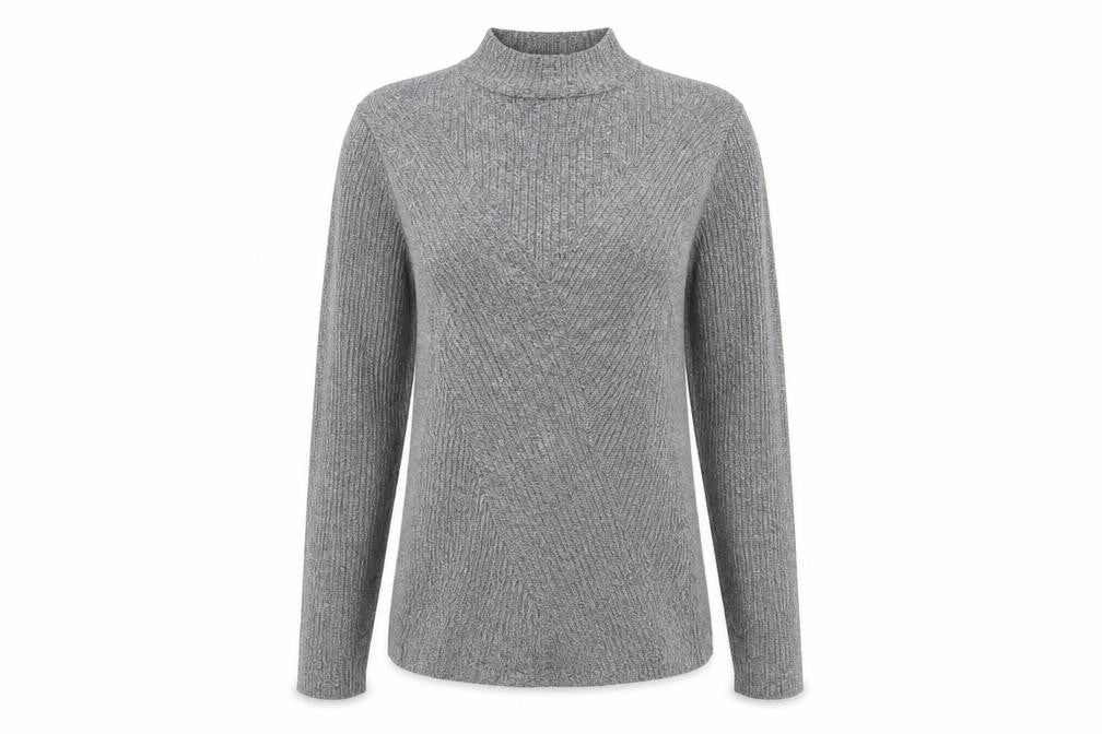Front view of H&M women’s grey high neck viscose jumper, size M
